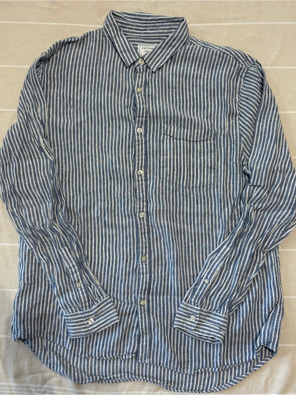 Cotton On 100% Linen Blue and White Striped Button-Down Shirt